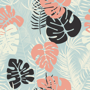 Summer seamless tropical pattern with colorful monstera palm leaves and plants on blue background