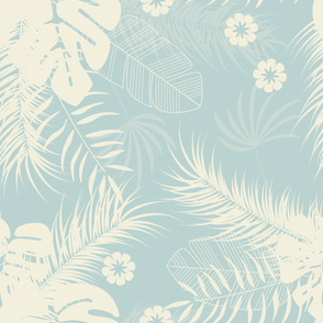 Summer seamless tropical pattern with monstera palm leaves and plants on blue background