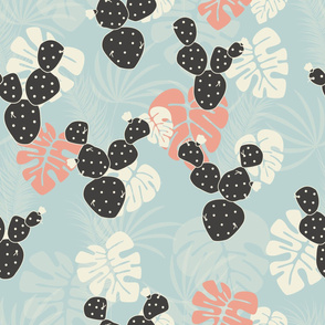 Seamless tropical pattern with monstera palm leaves and cactus on pink background