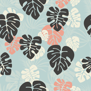 Seamless pattern with monstera palm leaves and plants on blue background