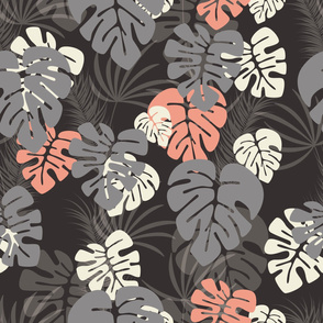 Seamless pattern with monstera palm leaves and plants on dark background