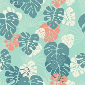 Seamless pattern with monstera palm leaves and plants on blue background