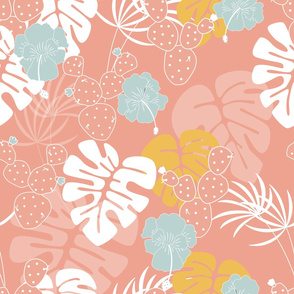 Seamless tropical pattern with monstera palm leaves, plants, flowers and cactus on pink background