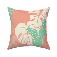 Seamless tropical pattern with monstera palm leaves, and cactus on pink background