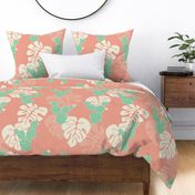 Seamless tropical pattern with monstera palm leaves, and cactus on pink background