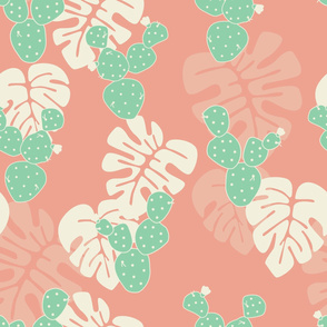 Seamless tropical pattern with monstera palm leaves, and cactus on pink background