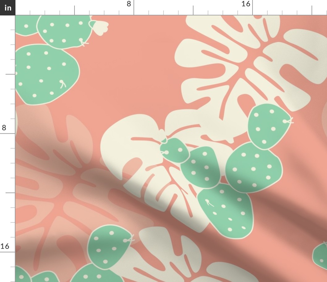 Seamless tropical pattern with monstera palm leaves, and cactus on pink background