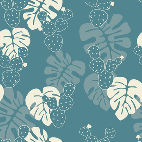 Seamless tropical pattern with monstera palm leaves, and cactus on blue background