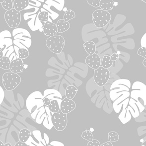 Seamless tropical pattern with monstera palm leaves, and cactus on gray background