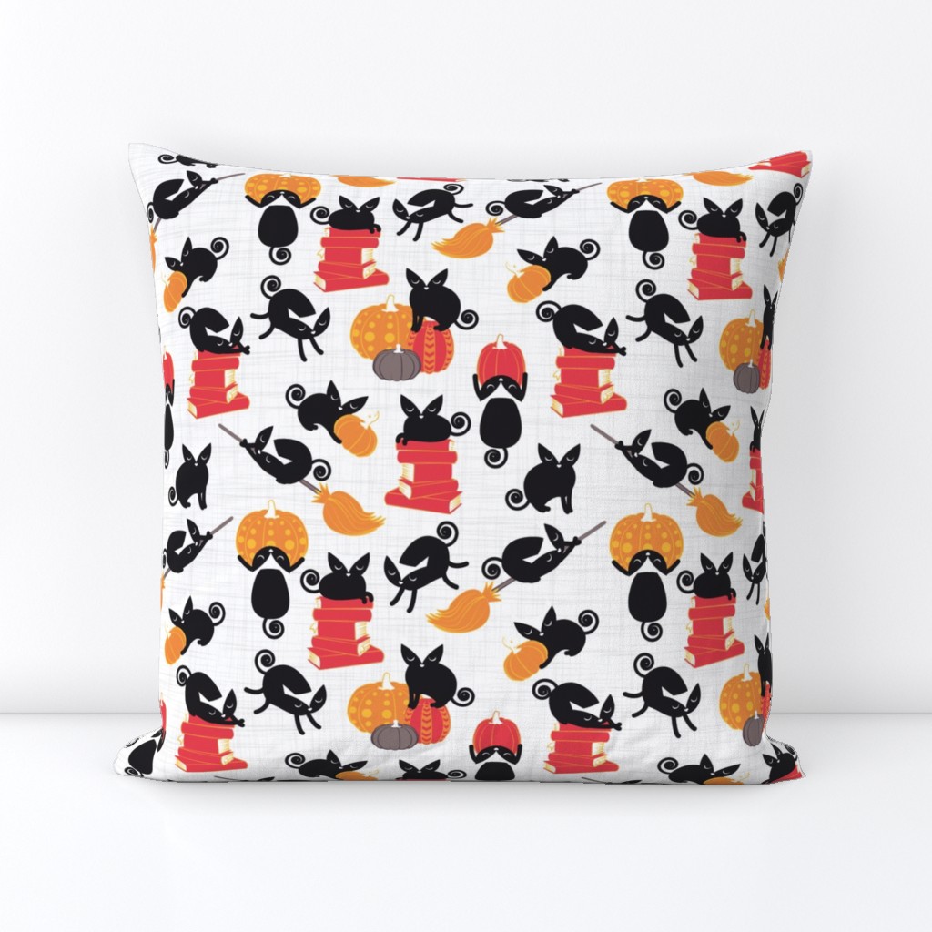 Small scale // Busy Halloween Black Cats // white background black kitties orange red yellow black and white cute pumpkins and books