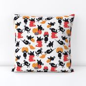 Small scale // Busy Halloween Black Cats // white background black kitties orange red yellow black and white cute pumpkins and books