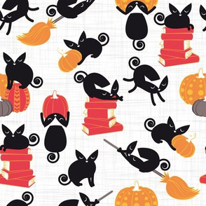 Small scale // Busy Halloween Black Cats // white background black kitties orange red yellow black and white cute pumpkins and books