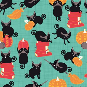 Small scale // Busy Halloween Black Cats // mint green background black kitties orange red yellow black and white cute pumpkins and books