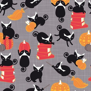 Small scale // Busy Halloween Black Cats // grey background black kitties orange red yellow black & white cute pumpkins & books