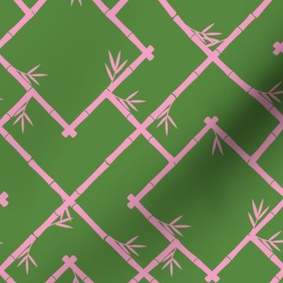 Bamboo Chinoiserie Lattice in Grass Green + Light Pink
