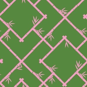 Bamboo Chinoiserie Lattice in Grass Green + Light Pink