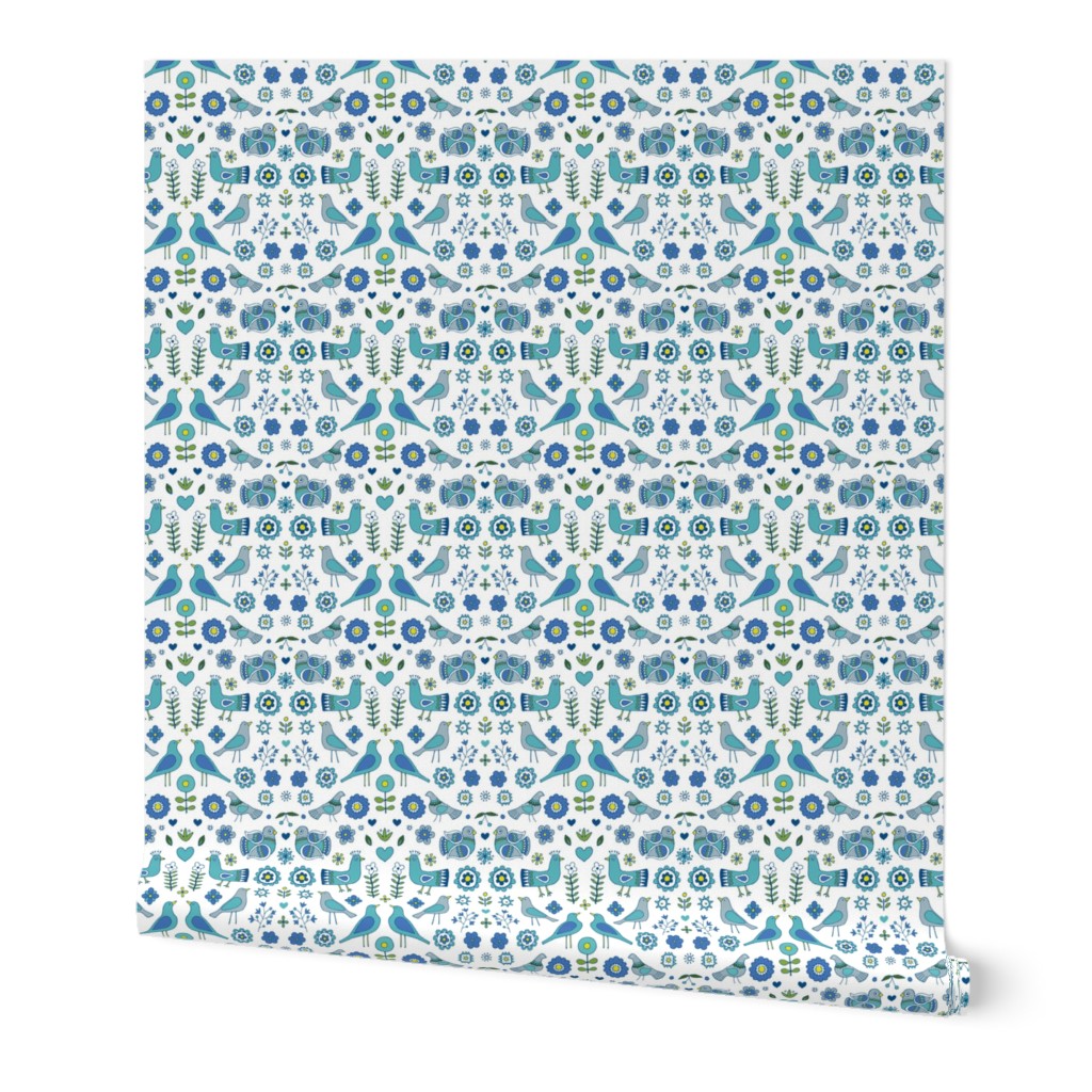 Scandi Folk Birds - Blue & white, Medium-Small