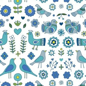 Scandi Folk Birds - Blue & white, Medium-Small