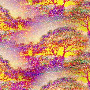 SMALL POINTILLIST JUNGLE SAVANNAH TREES PASTEL PINK ORANGE