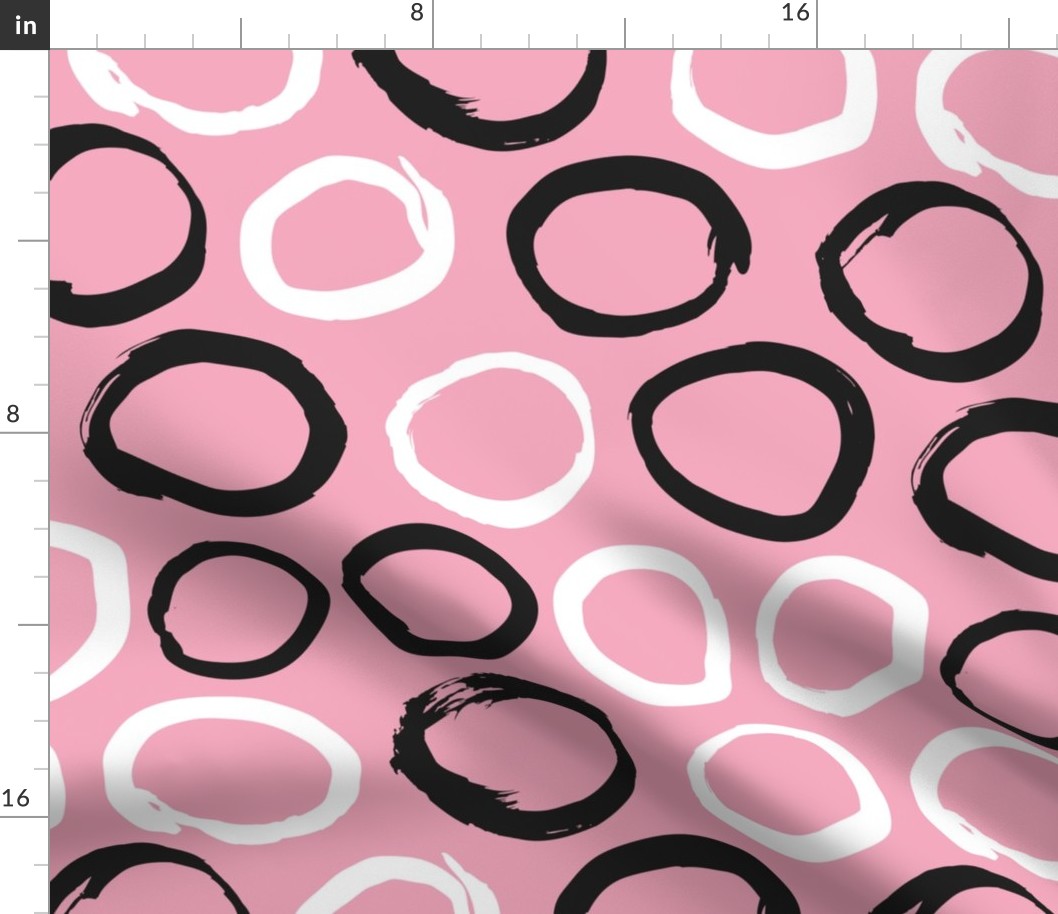 Raw brush ink circles abstract Scandinavian style print black and white pink