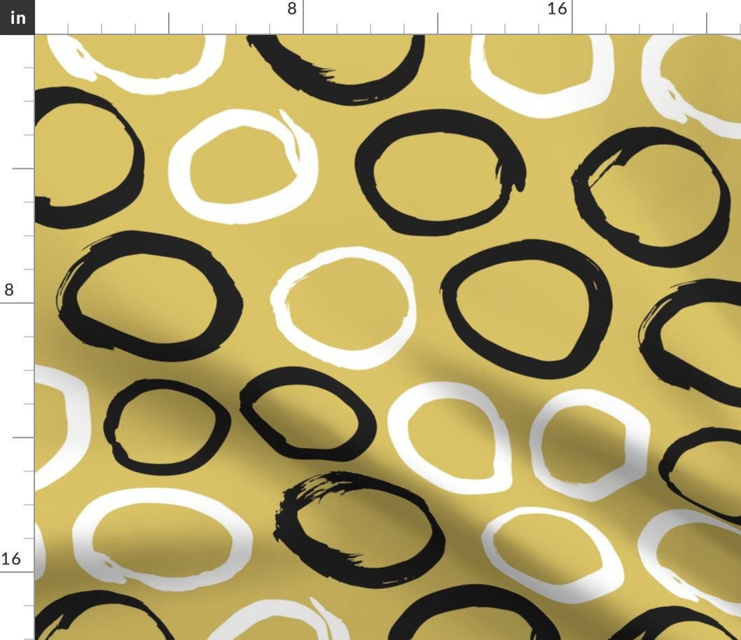 Raw brush ink circles abstract Scandinavian style print black and white yellow