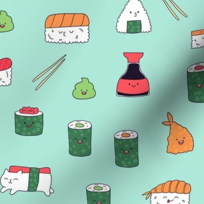 Mint blue kawaii sushi. Japanese food cute fabric design.