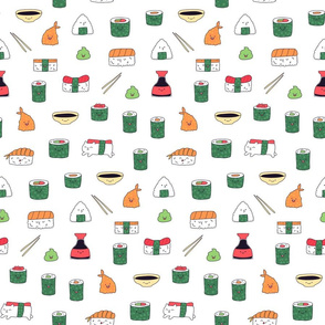 White kawaii sushi. Japanese food cute fabric design.