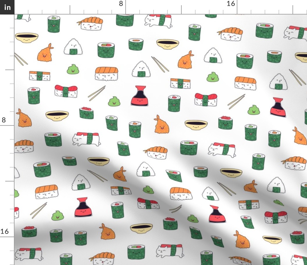 White kawaii sushi. Japanese food cute fabric design.