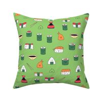 Green kawaii sushi. Japanese food cute fabric design.