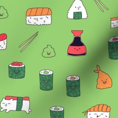 Green kawaii sushi. Japanese food cute fabric design.