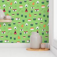 Green kawaii sushi. Japanese food cute fabric design.