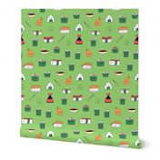 Green kawaii sushi. Japanese food cute fabric design.