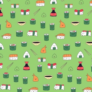 Green kawaii sushi. Japanese food cute fabric design.