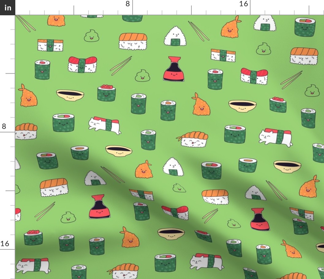 Green kawaii sushi. Japanese food cute fabric design.