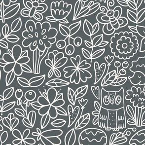 dark woodland pattern.  wildlife cute design fabric. 