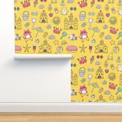 hot summer beach pattern with cat and sand castles