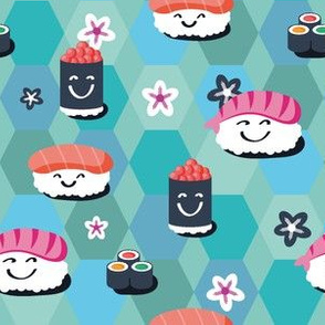 Supersushi – smiling sushi on blue | small