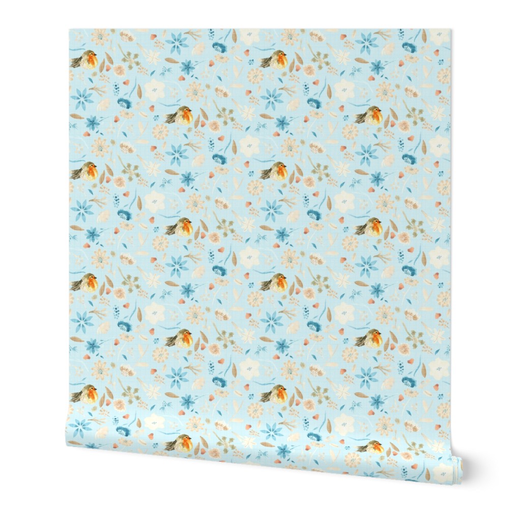 18-10J Baby Blue Bird Robin Floral Watercolor || Flower Orange Taupe Brown Cream Teal Modern Farmhouse _ Miss Chiff Designs