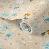 18-10H Baby bird robin floral watercolor ||  orange taupe tan 