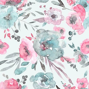Watercolor blue and pink flowers leaves bouquets