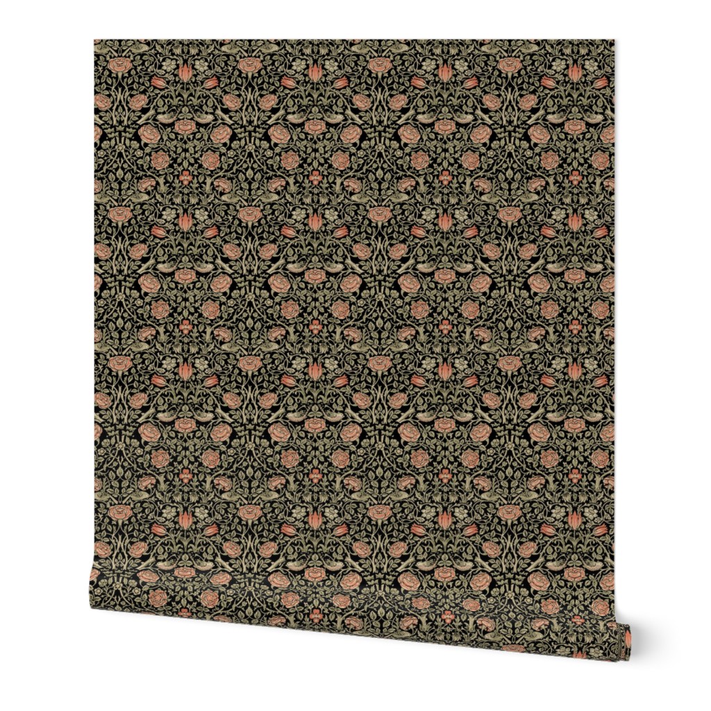 Medium Tudor Roses Black Wallpaper | Spoonflower