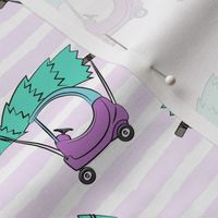 kids car with Christmas tree - purple and teal on stripes
