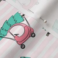 kids car with Christmas tree  - pink on stripes