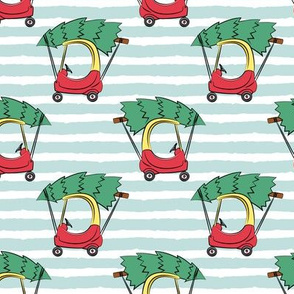 kids car with Christmas tree on blue stripes