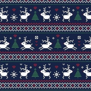 fair isle reindeer red green on navy - christmas knits