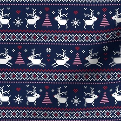 fair isle reindeer red pink on navy - christmas knits