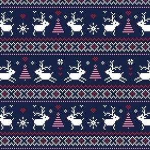 fair isle reindeer red pink on navy - christmas knits