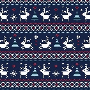 fair isle reindeer red blue on navy - christmas knits