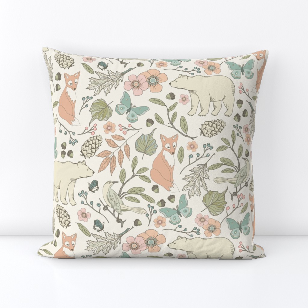 Autumn Pastel - Large - Cream … woodland, baby, nursery, pastel, bear, fox, bird, moth, butterfly, blush, peach, aqua, mint, toile