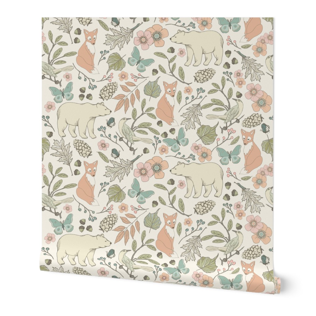 Autumn Pastel - Large - Cream … woodland, baby, nursery, pastel, bear, fox, bird, moth, butterfly, blush, peach, aqua, mint, toile